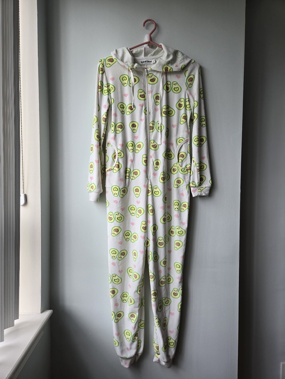 Wknd Edition PJs SM White Plush Hoodie Happy Avocados Pockets Onesie Soft Cozy